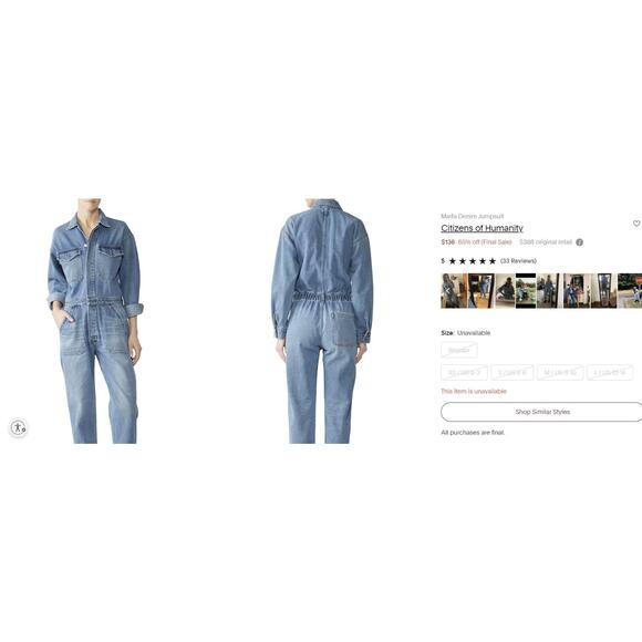 Citizens of Humanity Distressed Marta Denim Jumpsuit Blue Jean Coveralls Small - Picture 16 of 16